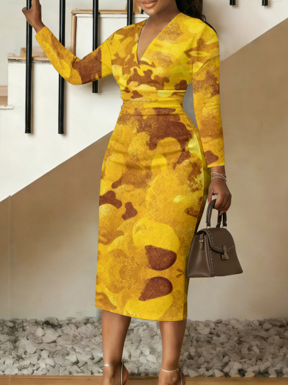 Yellow & Brown Camouflage V-Neck Bodycon Midi Dress JKP5931
