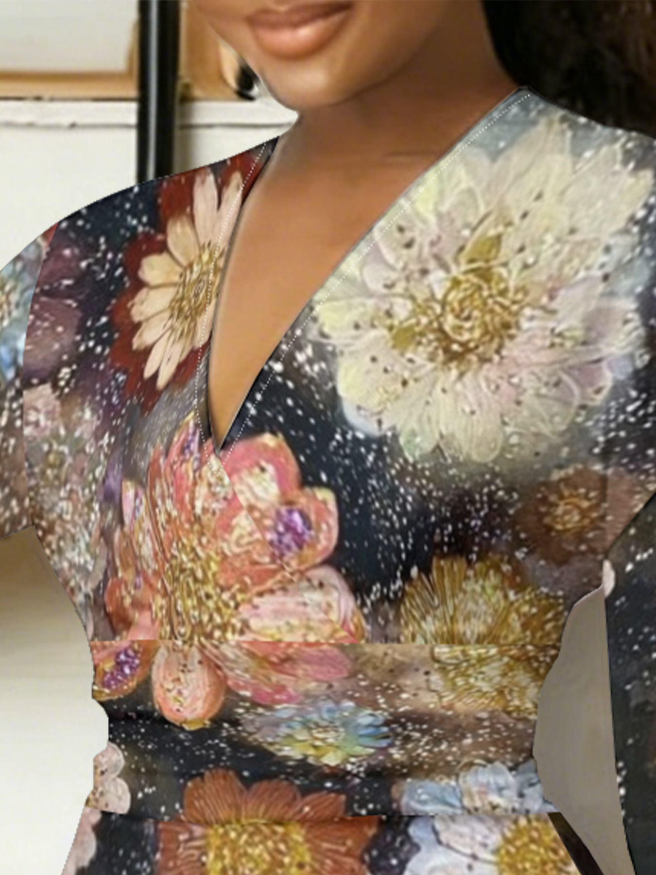 Vintage Floral Oil  V-Neck Bodycon Midi Dress NXR2519