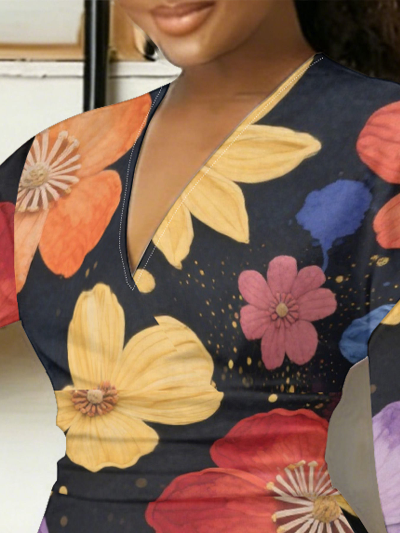 Vibrant Watercolor Floral V-Neck Bodycon Midi Dress PRW4732