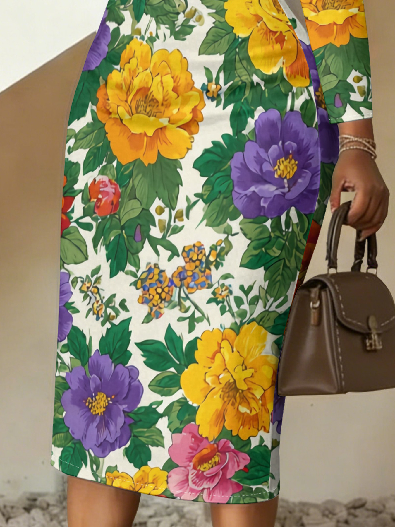 Vibrant Multicolor Floral V-Neck Bodycon Midi Dress WJN3682