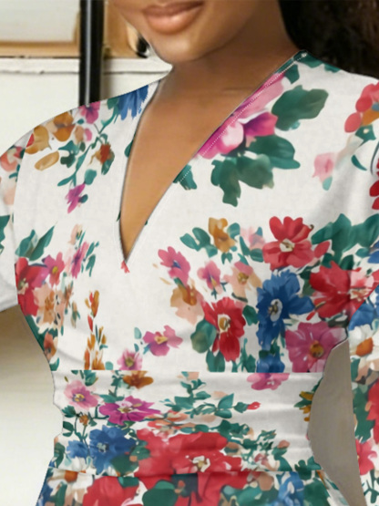 Vibrant Watercolor Floral V-Neck Bodycon Midi Dress YCL2943