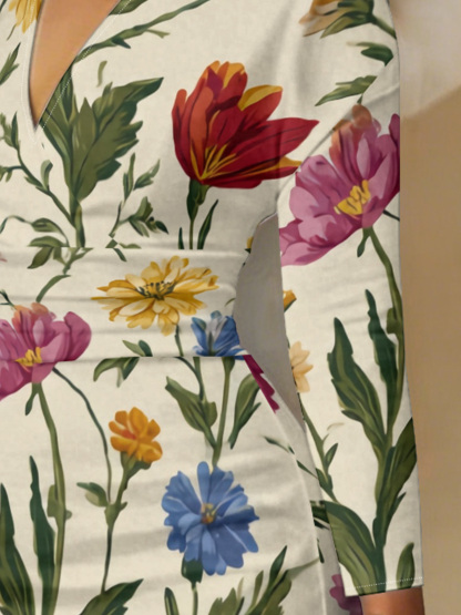 Vintage Botanical Floral V-Neck Bodycon Midi Dress ZBD1756