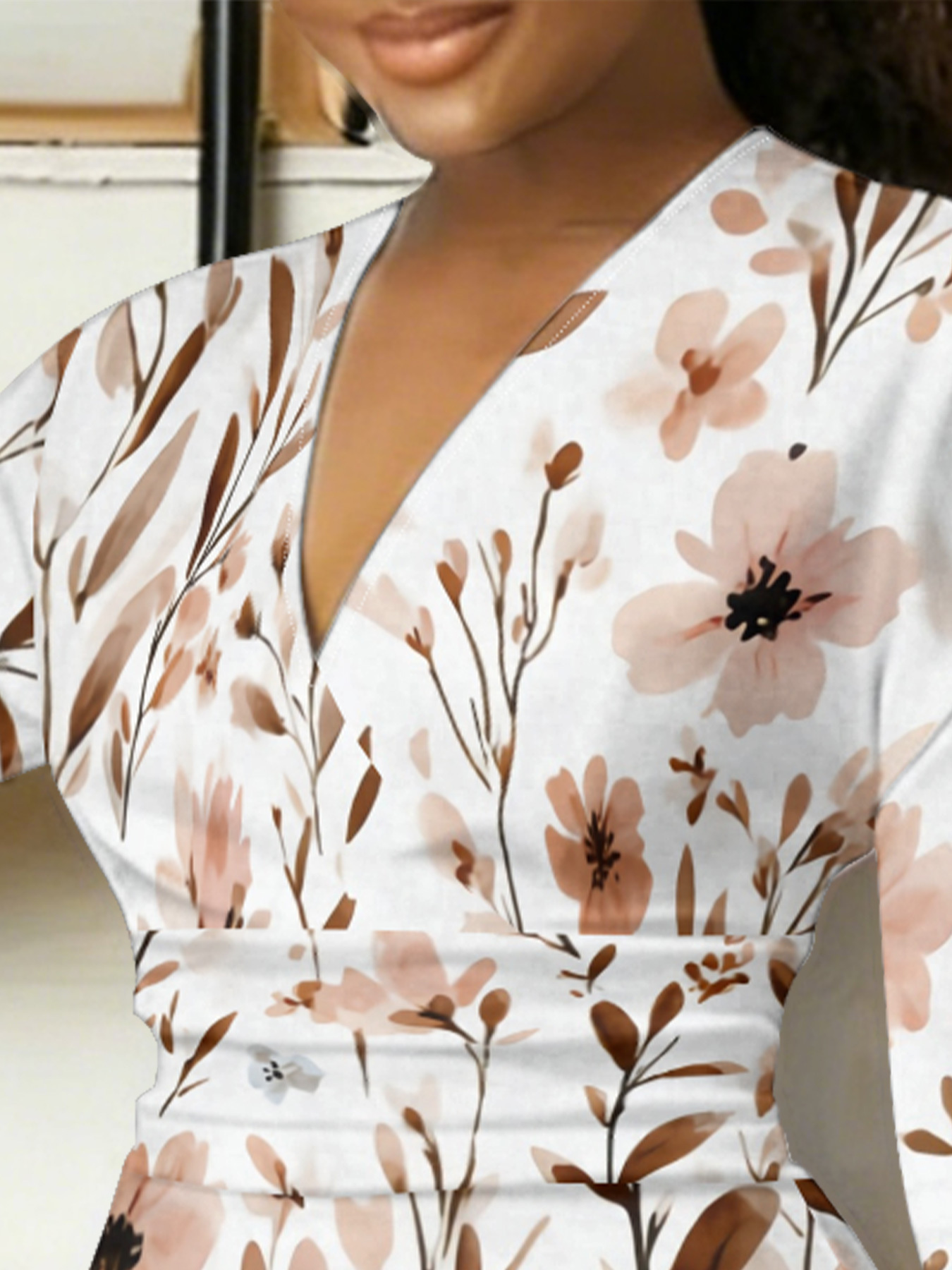 Watercolor Neutral Floral V-Neck Bodycon Midi Dress AEG4289