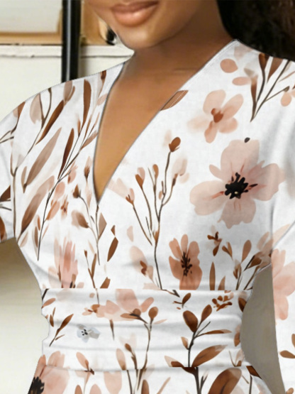 Watercolor Neutral Floral V-Neck Bodycon Midi Dress AEG4289