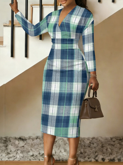 Blue & Green Plaid V-Neck Bodycon Midi Dress GNP1359