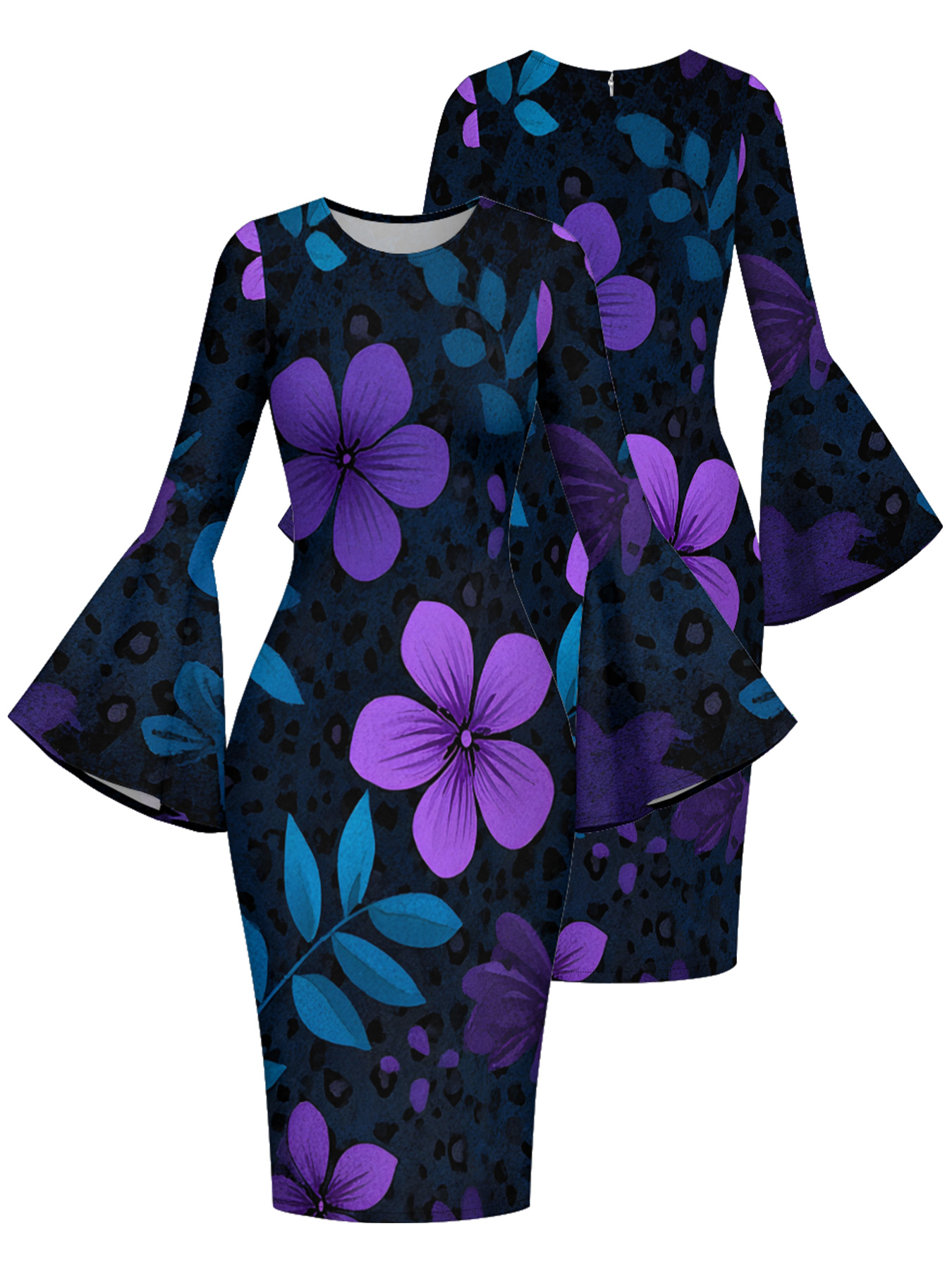 Black Leopard & Purple Floral Bell Flare Sleeve Bodycon Midi Dress