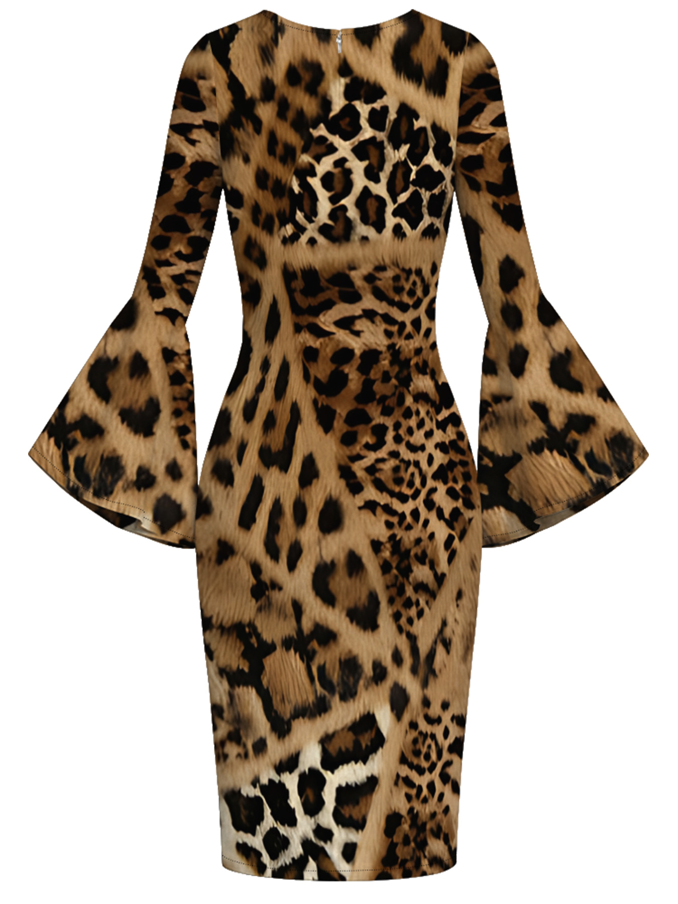 Classic Leopard Print Bell Flare Sleeve Bodycon Midi Dress