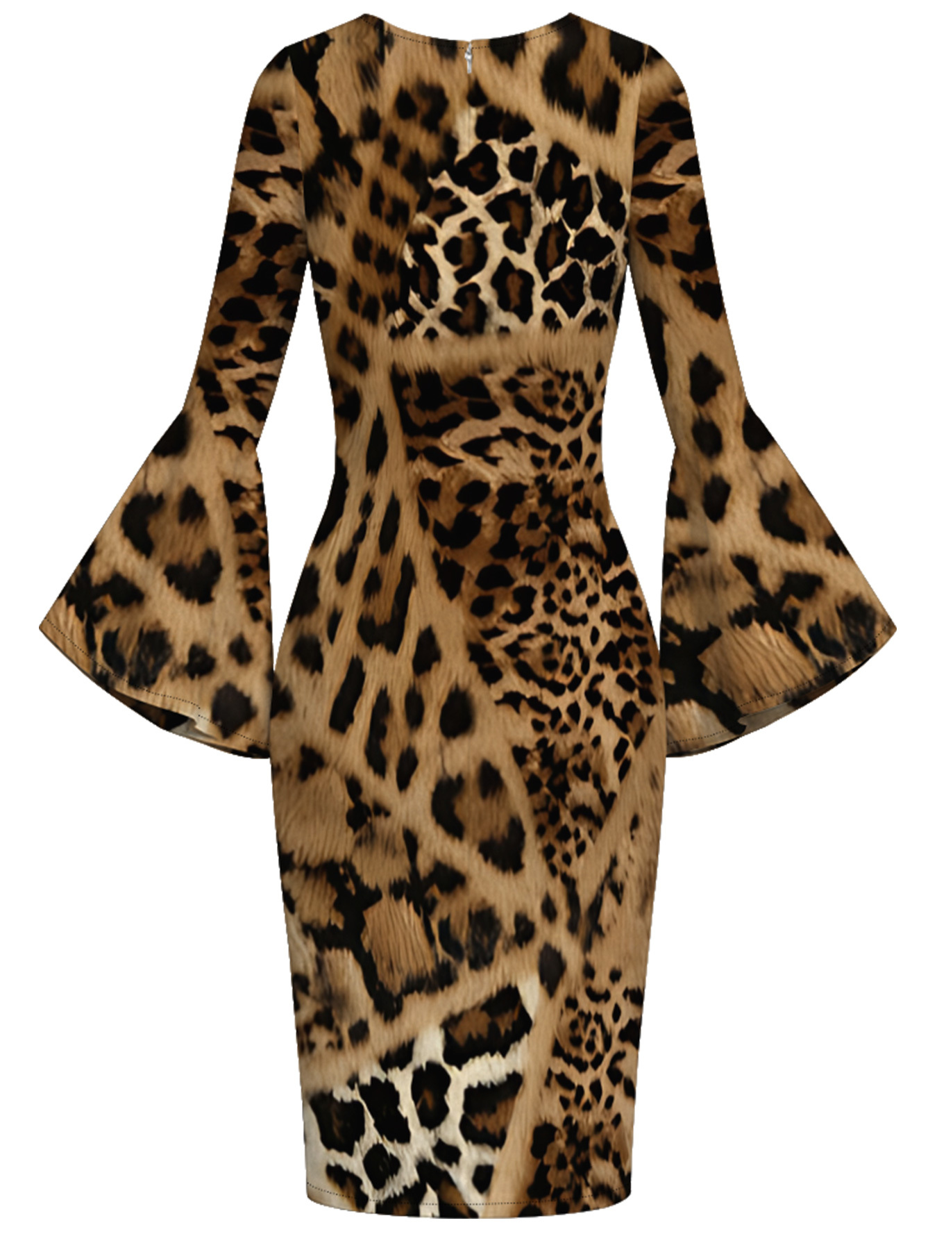 Classic Leopard Print Bell Flare Sleeve Bodycon Midi Dress