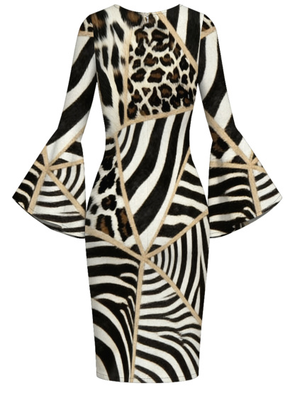 Zebra & Leopard Patchwork Flare Sleeve Bodycon Midi Dress