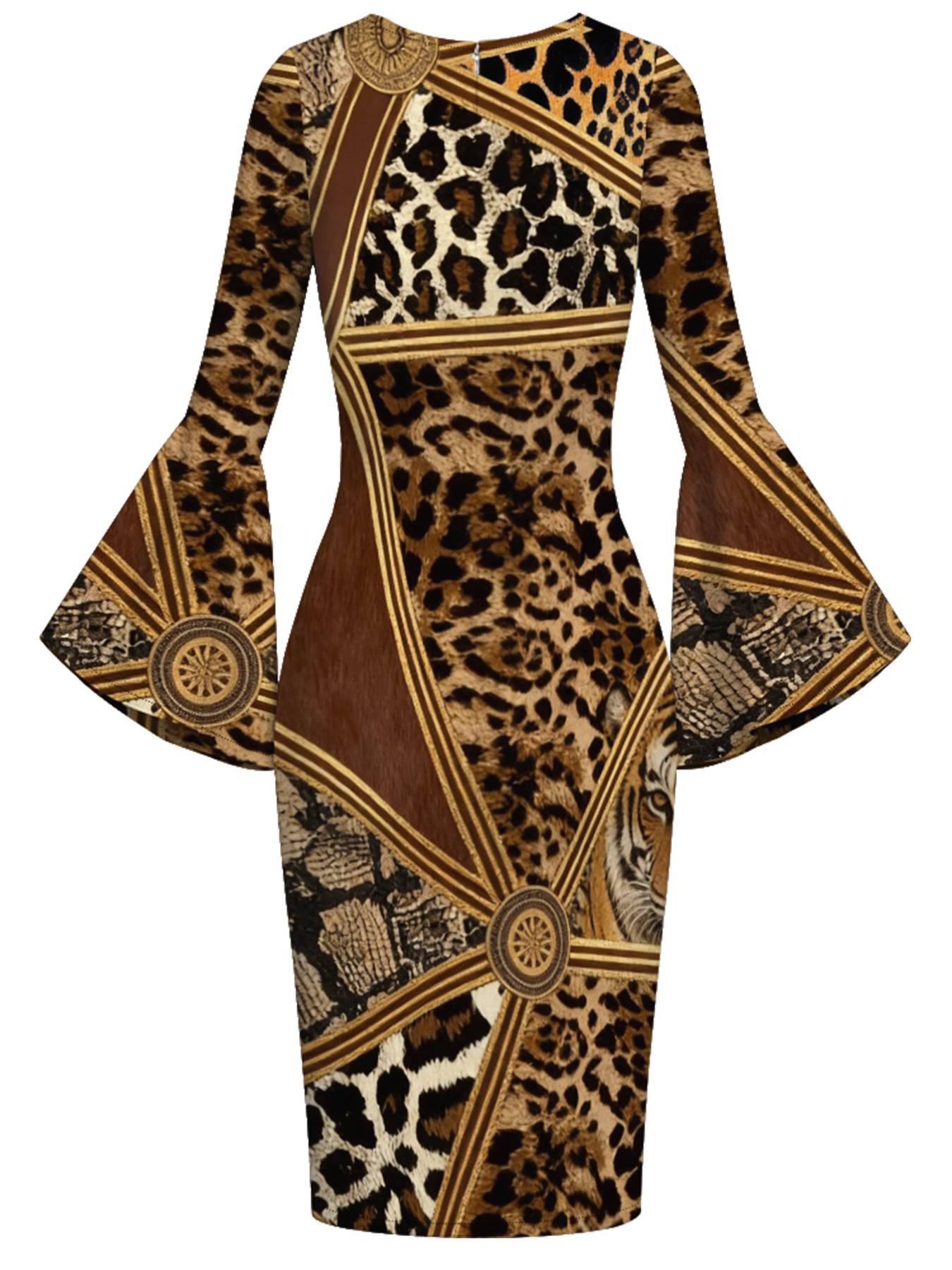 Leopard & Tribal Patchwork Flare Sleeve Bodycon Midi Dress