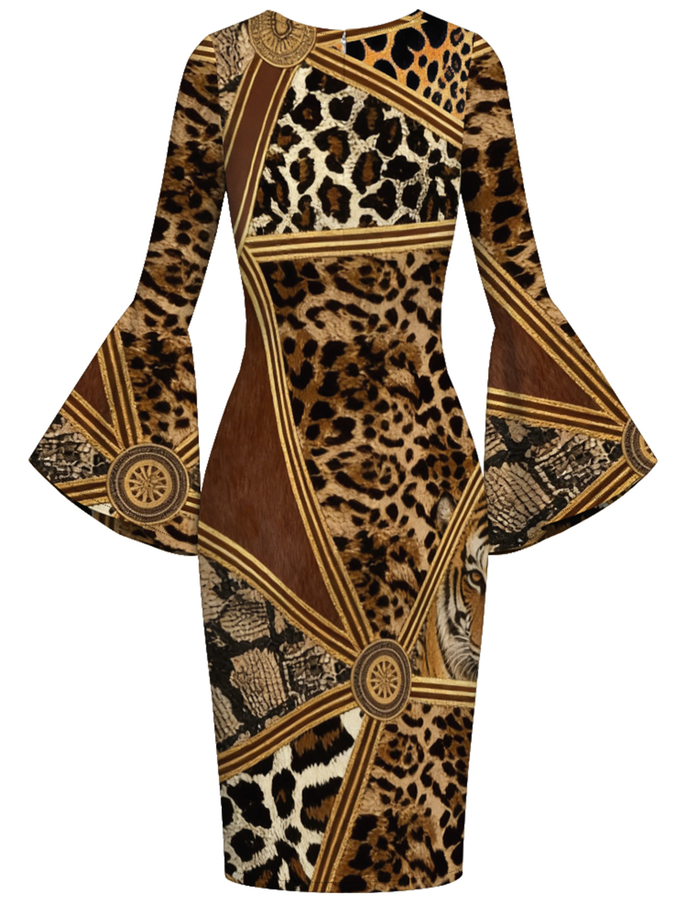 Leopard & Tribal Patchwork Flare Sleeve Bodycon Midi Dress