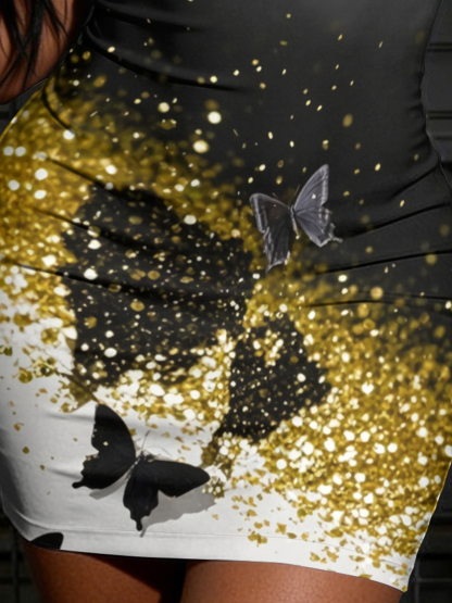 Glam Black, Gold & Silver Butterfly U-neckline Bodycon Mini Dress 