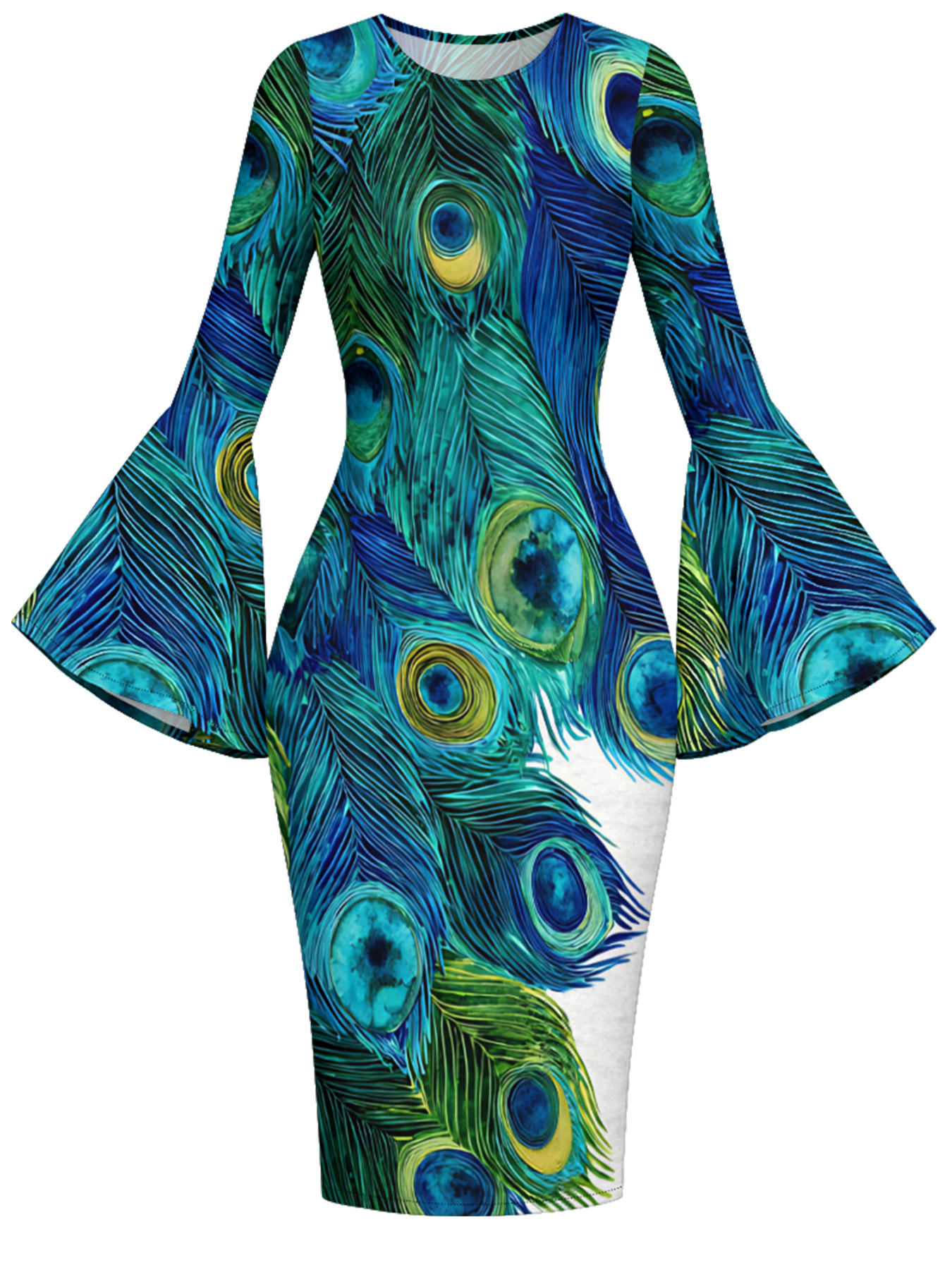 Peacock Feather Print Bell Flare Sleeve Bodycon Midi Dress