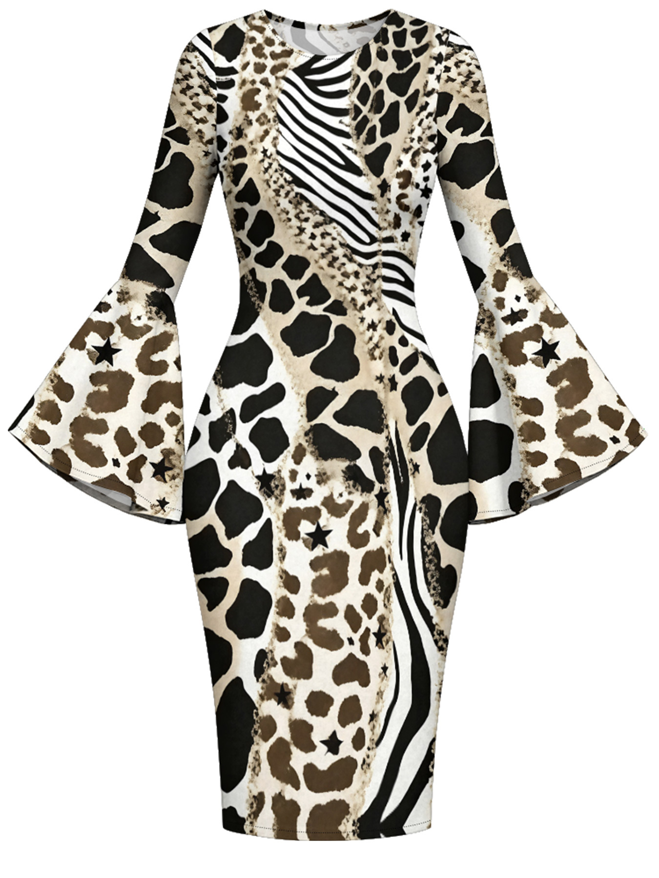 Neutral Mixed Animal Print Bell Flare Sleeve Bodycon Midi Dress