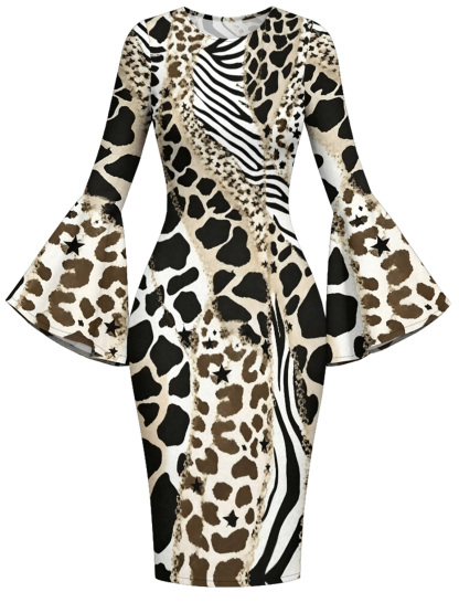 Neutral Mixed Animal Print Bell Flare Sleeve Bodycon Midi Dress