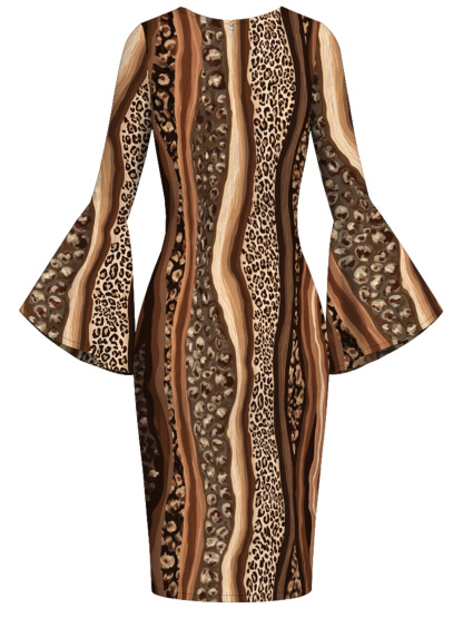 Brown Stripe & Leopard Print Bell Flare Sleeve Bodycon Midi Dress