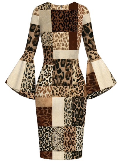 Neutral Patchwork Leopard Print Bell Flare Sleeve Bodycon Midi Dress