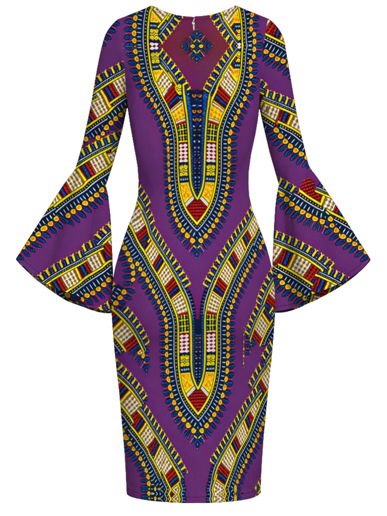 Purple Dashiki Print Bell Flare Sleeve Bodycon Midi Dress