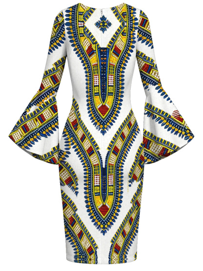 White Dashiki Print Bell Flare Sleeve Bodycon Midi Dress