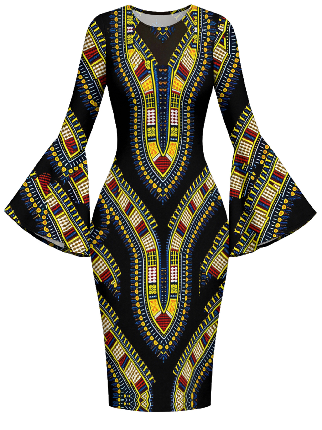 Black Dashiki Flare Sleeve Bodycon Midi Dress