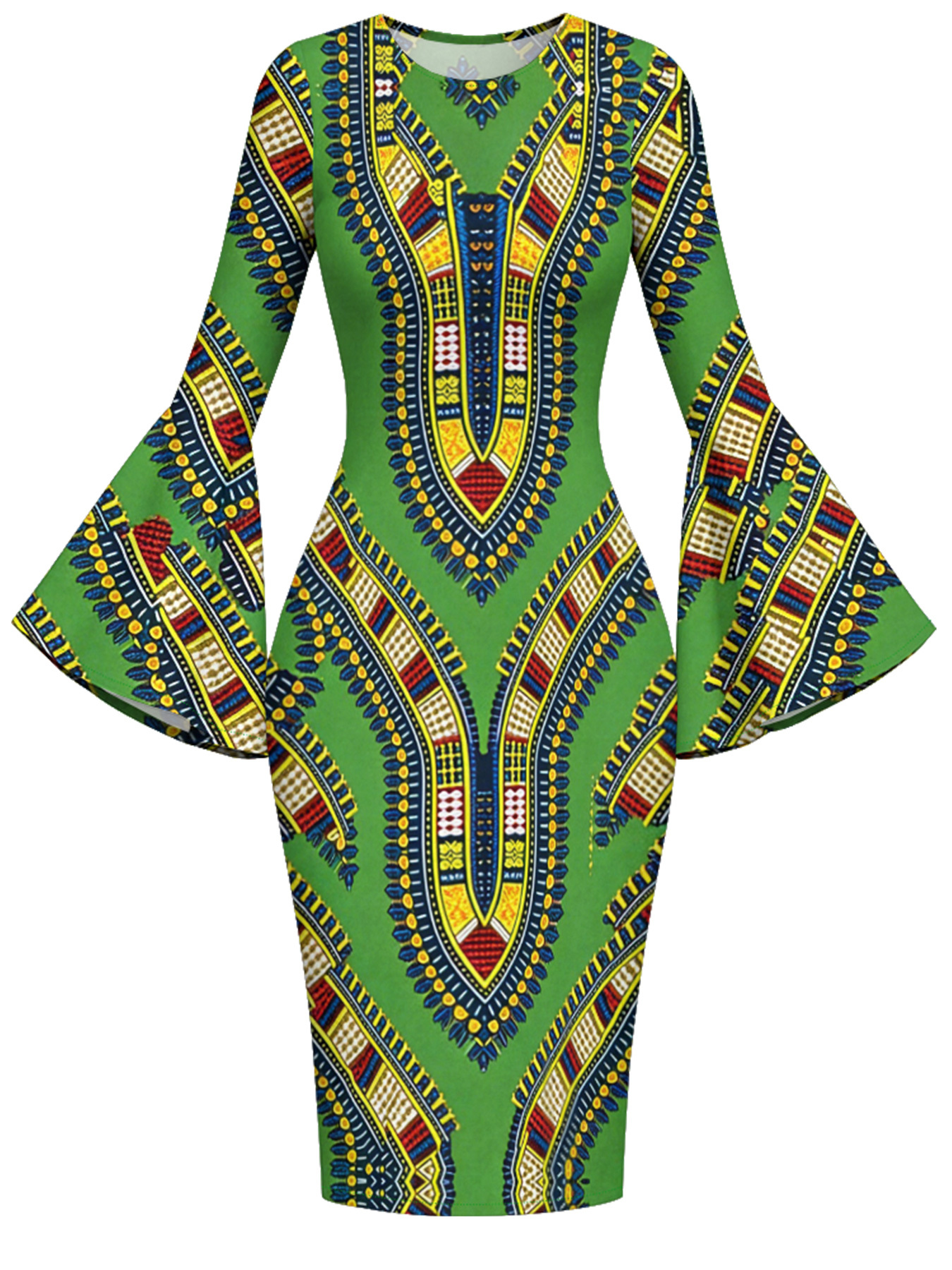 Green Dashiki Print Bell Flare Sleeve Bodycon Midi Dress