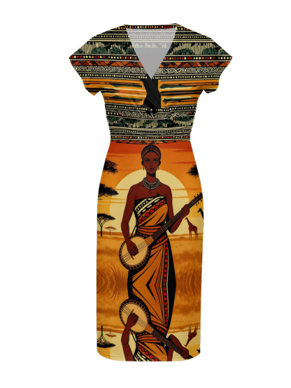 African Savannah Cap Sleeve V-Neck Midi Dress Y365