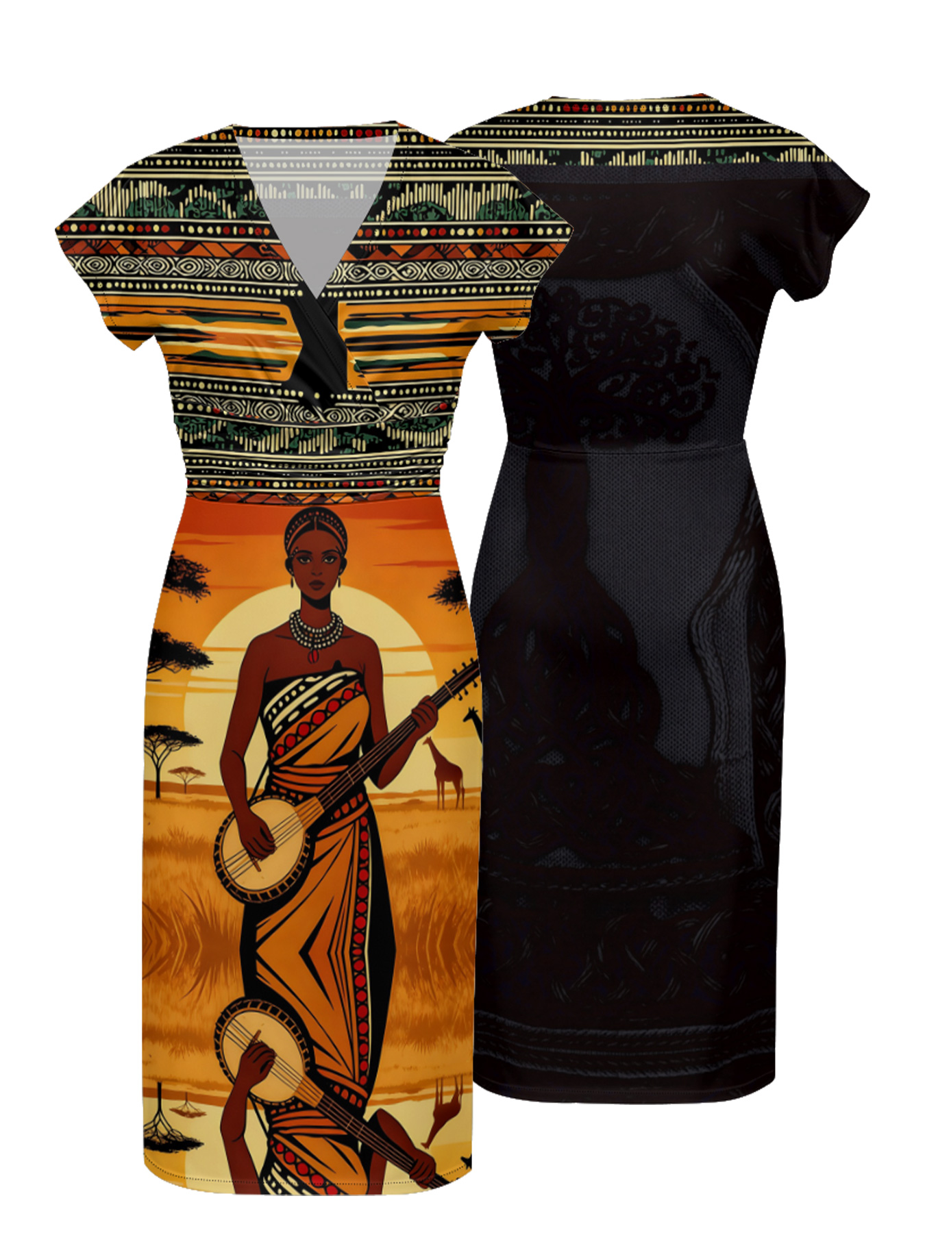 African Savannah Cap Sleeve V-Neck Midi Dress Y365