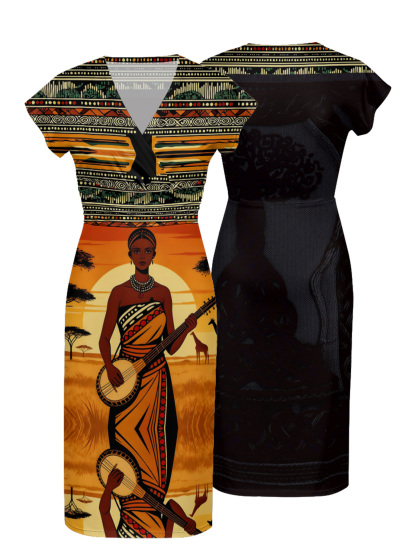 African Savannah Cap Sleeve V-Neck Midi Dress Y365