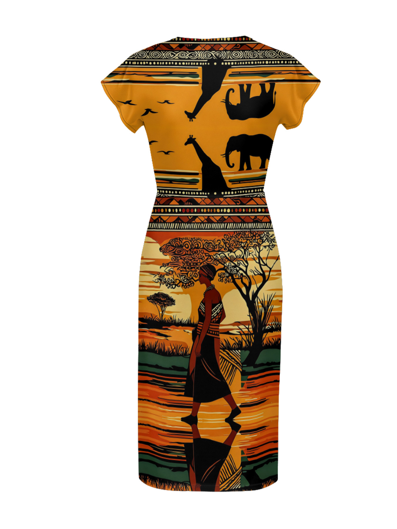 African Savannah Sunset Cap Sleeve V-Neck Midi Dress YUN345