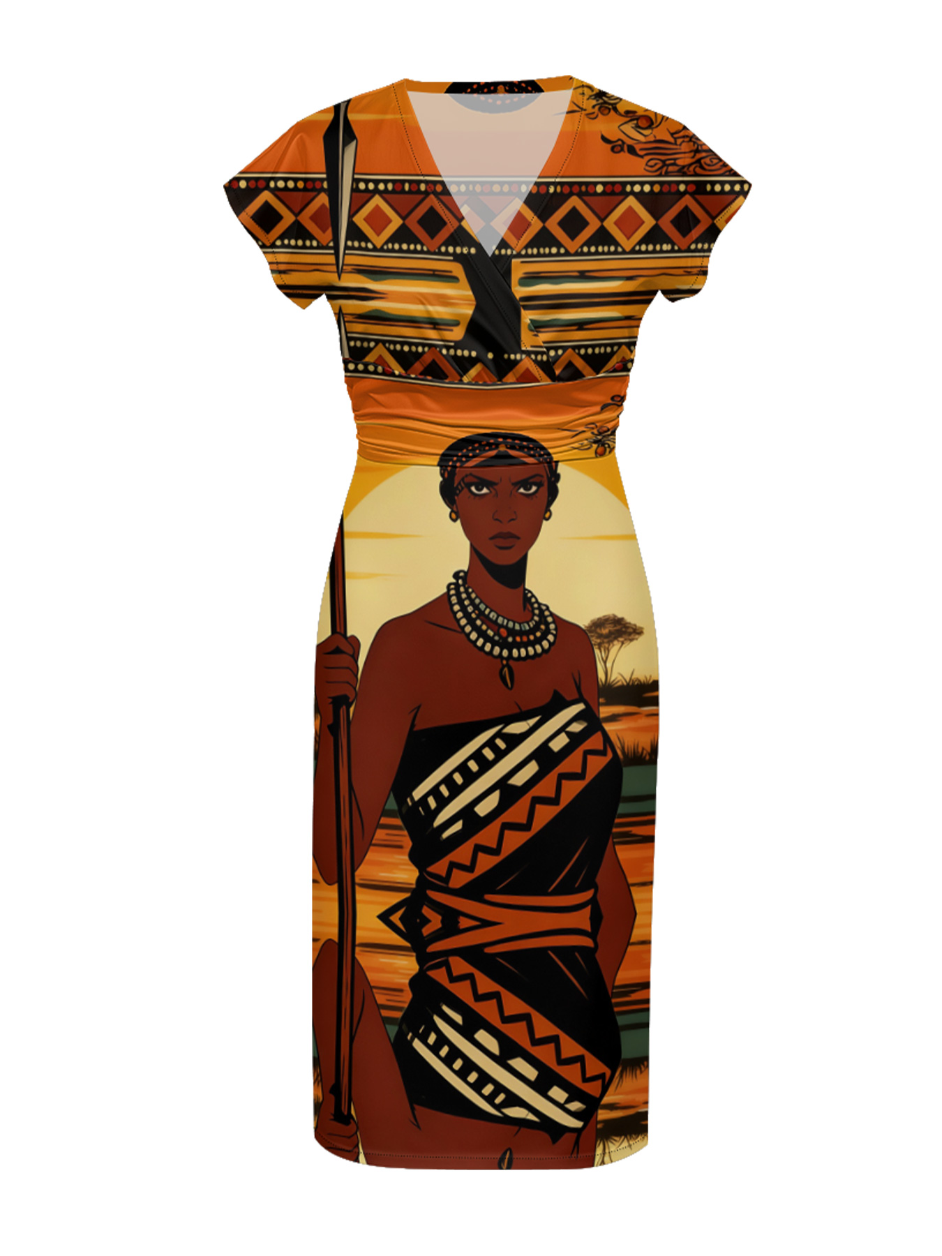African Queen Portrait Cap Sleeve V-Neck Midi Dress IYT99035