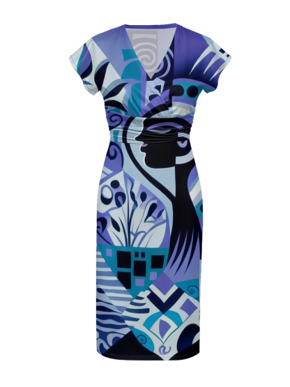 Abstract African Art Cap Sleeve V-Neck Midi Dress IYT99018