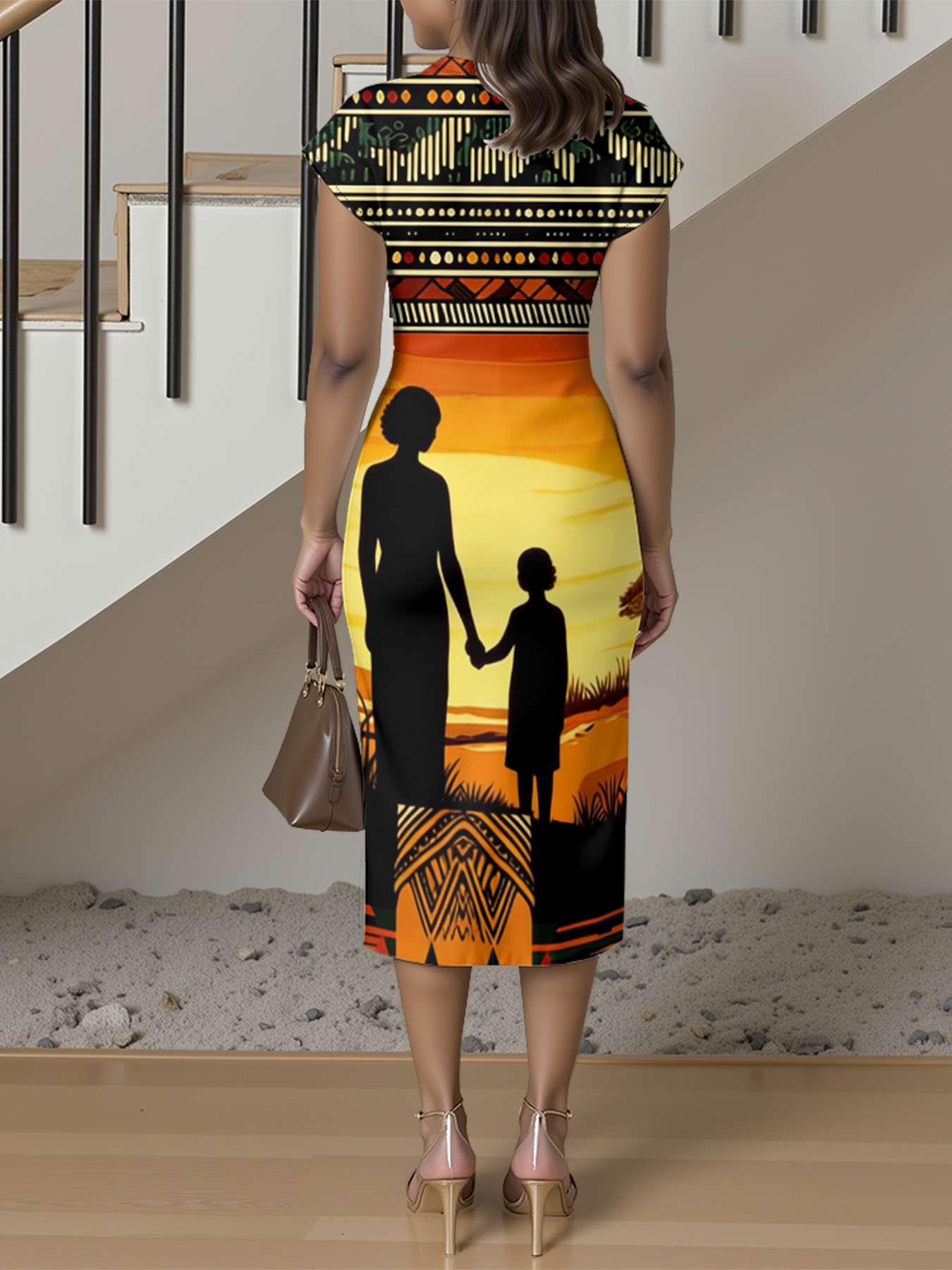 African Savannah Sunset Cap Sleeve V-Neck Midi Dress IJG7685