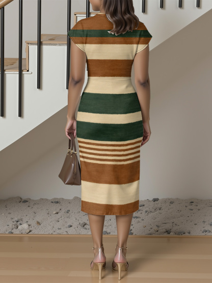 Earth Tone Stripe Cap Sleeve V-Neck Midi Dress IJG7685
