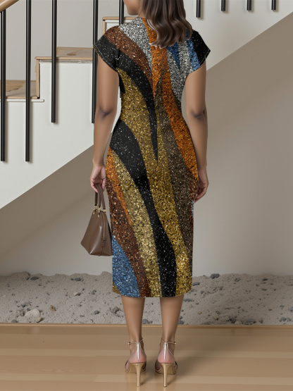Multicolor Glitter Stripe Cap Sleeve V-Neck Midi Dress IJG7685