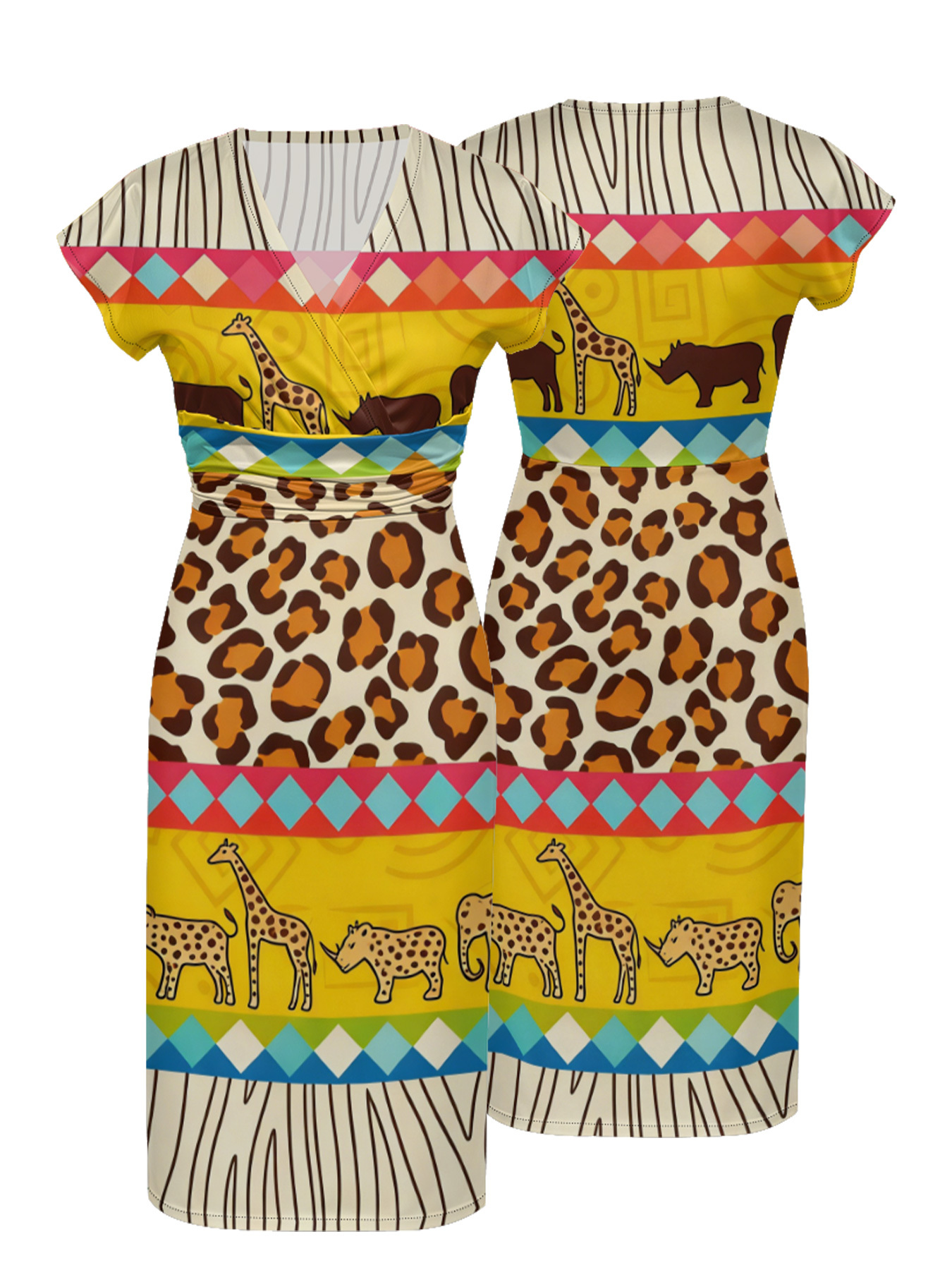 African Safari Cap Sleeve V-Neck Midi Dress 