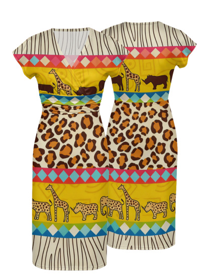 African Safari Cap Sleeve V-Neck Midi Dress 