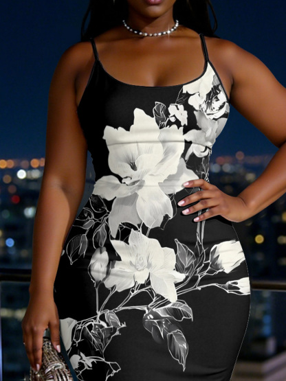 Black & White Floral Spaghetti Strap Mermaid Dress RHF047