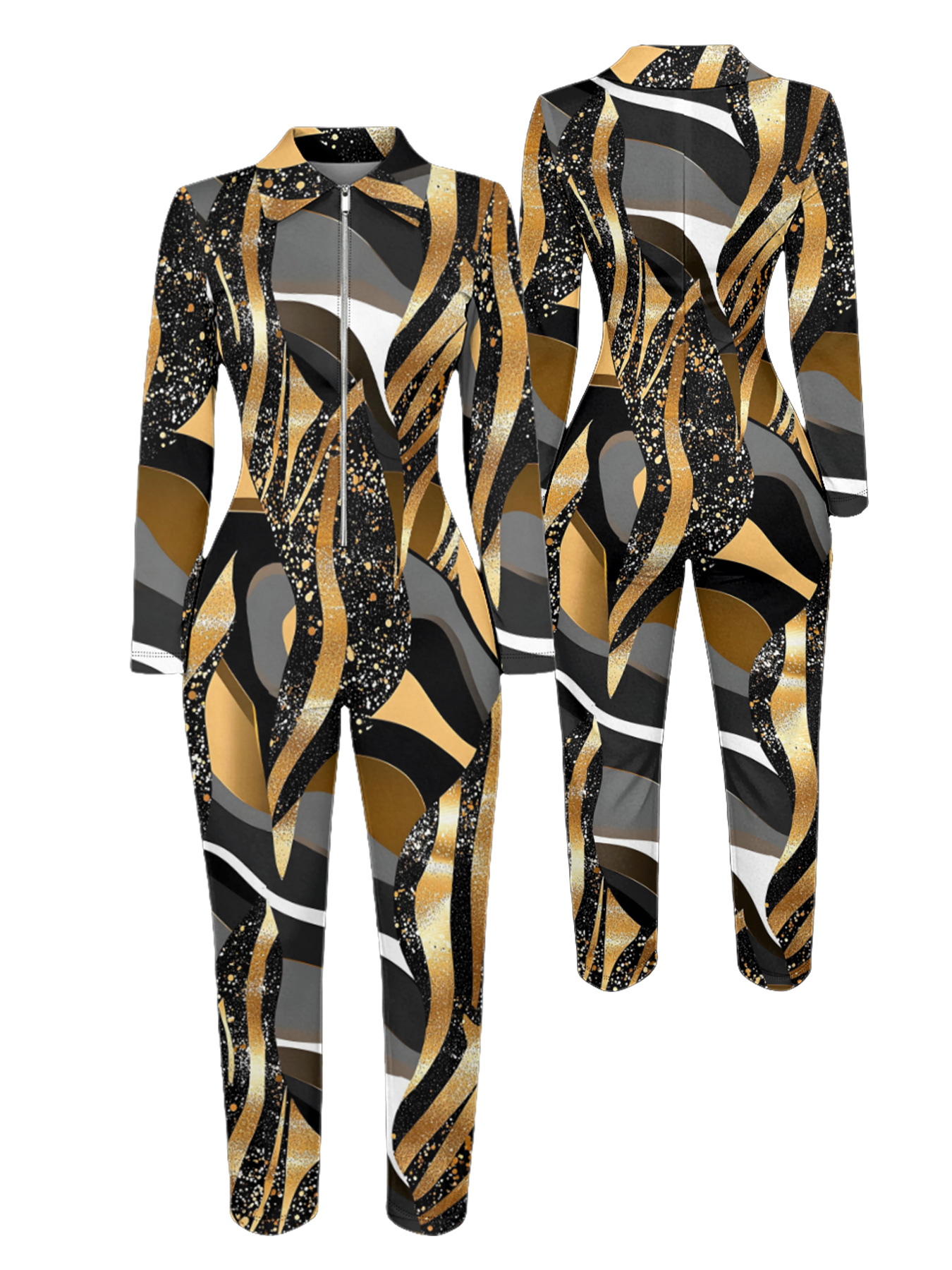 Metallic Gold Stripe Long Sleeve Zip-Up Jumpsuit STU943