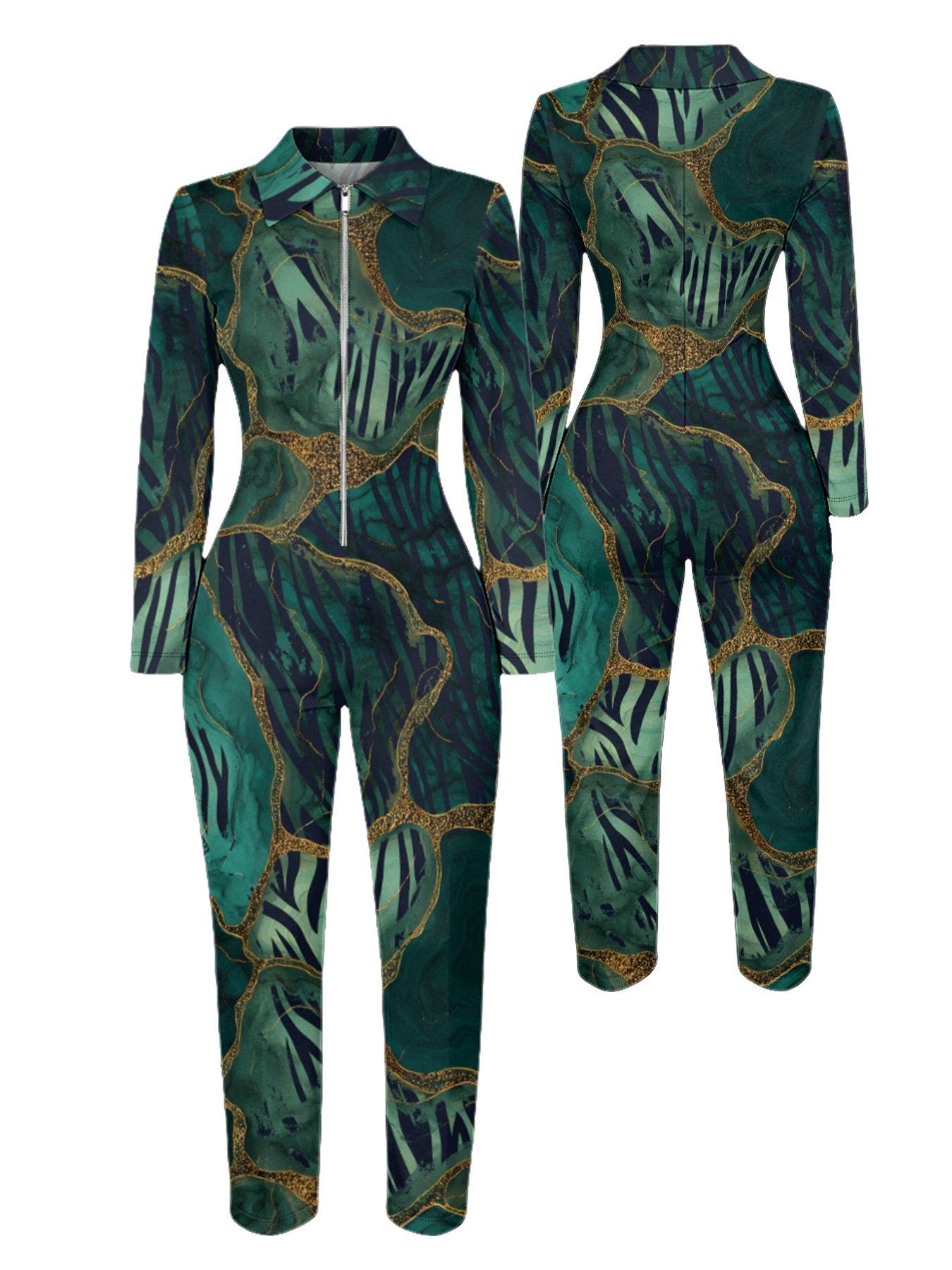 Emerald Green Marble Long Sleeve Zip-Up Jumpsuit UVW721