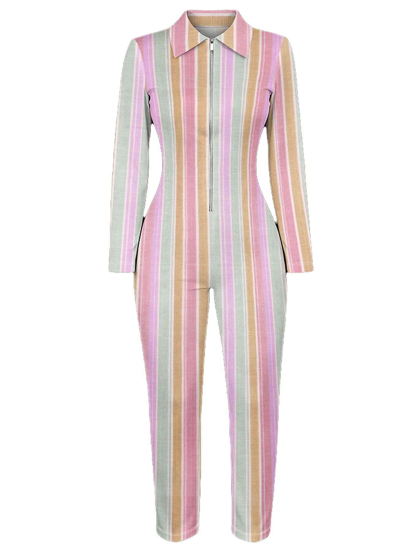 Pastel Stripe Long Sleeve Zip-Up Jumpsuit WXY503
