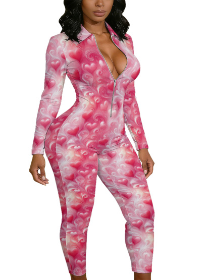 Pink Heart Swirl Long Sleeve Zip-Up Jumpsuit BCG821