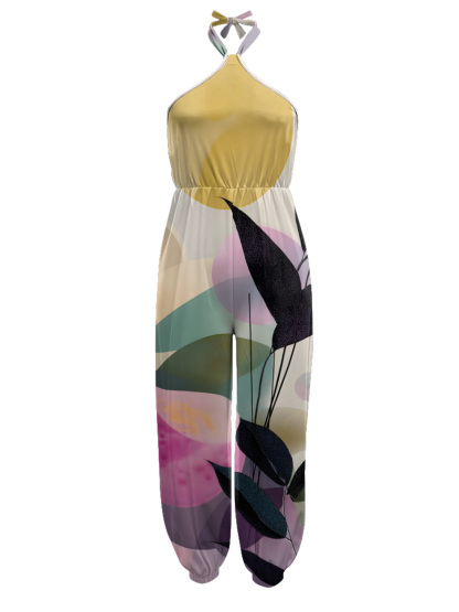 Yellow & Botanical Sleeveless Halter Jumpsuit