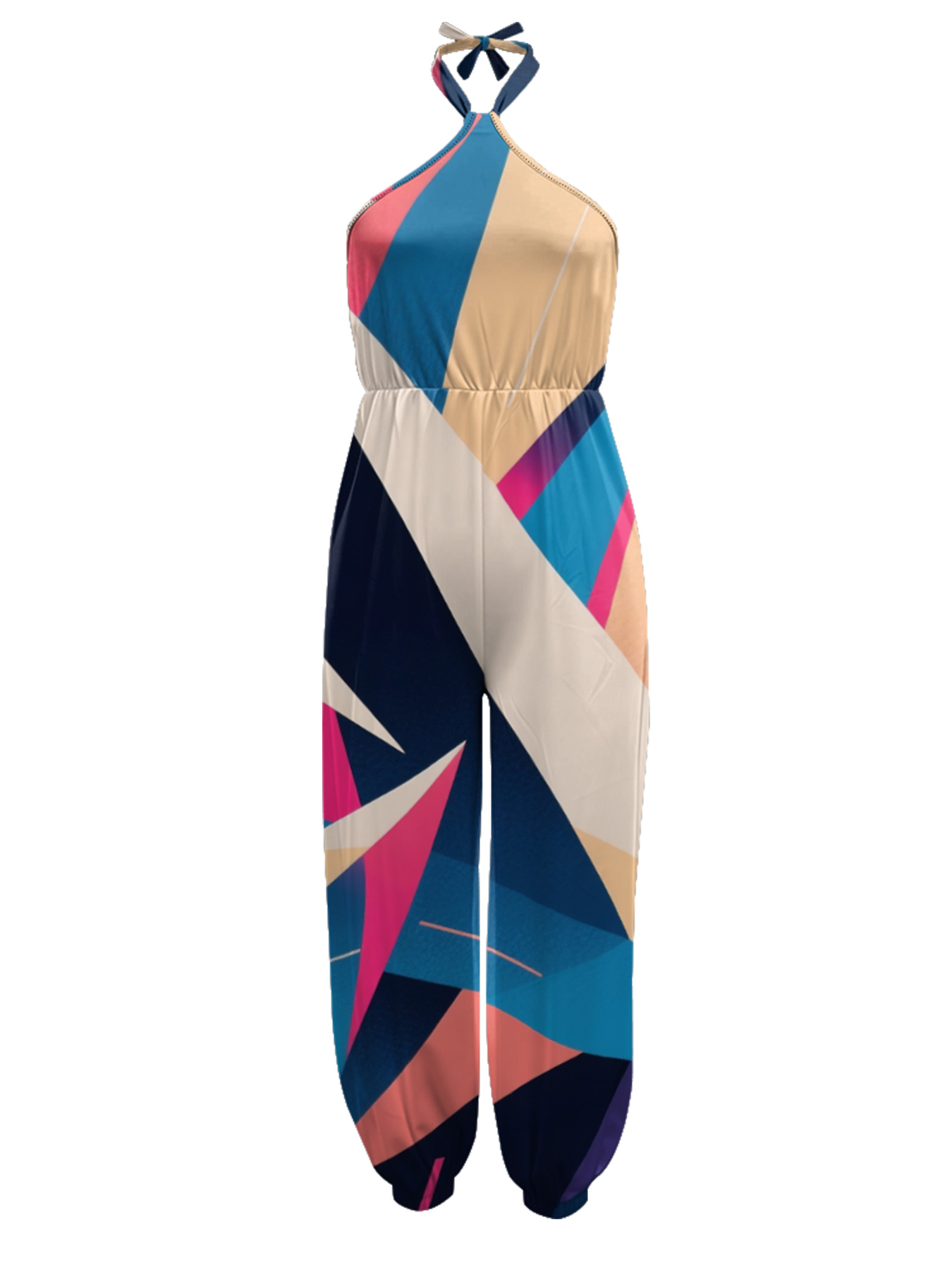 Color Block Geometric Sleeveless Halter Jumpsuit