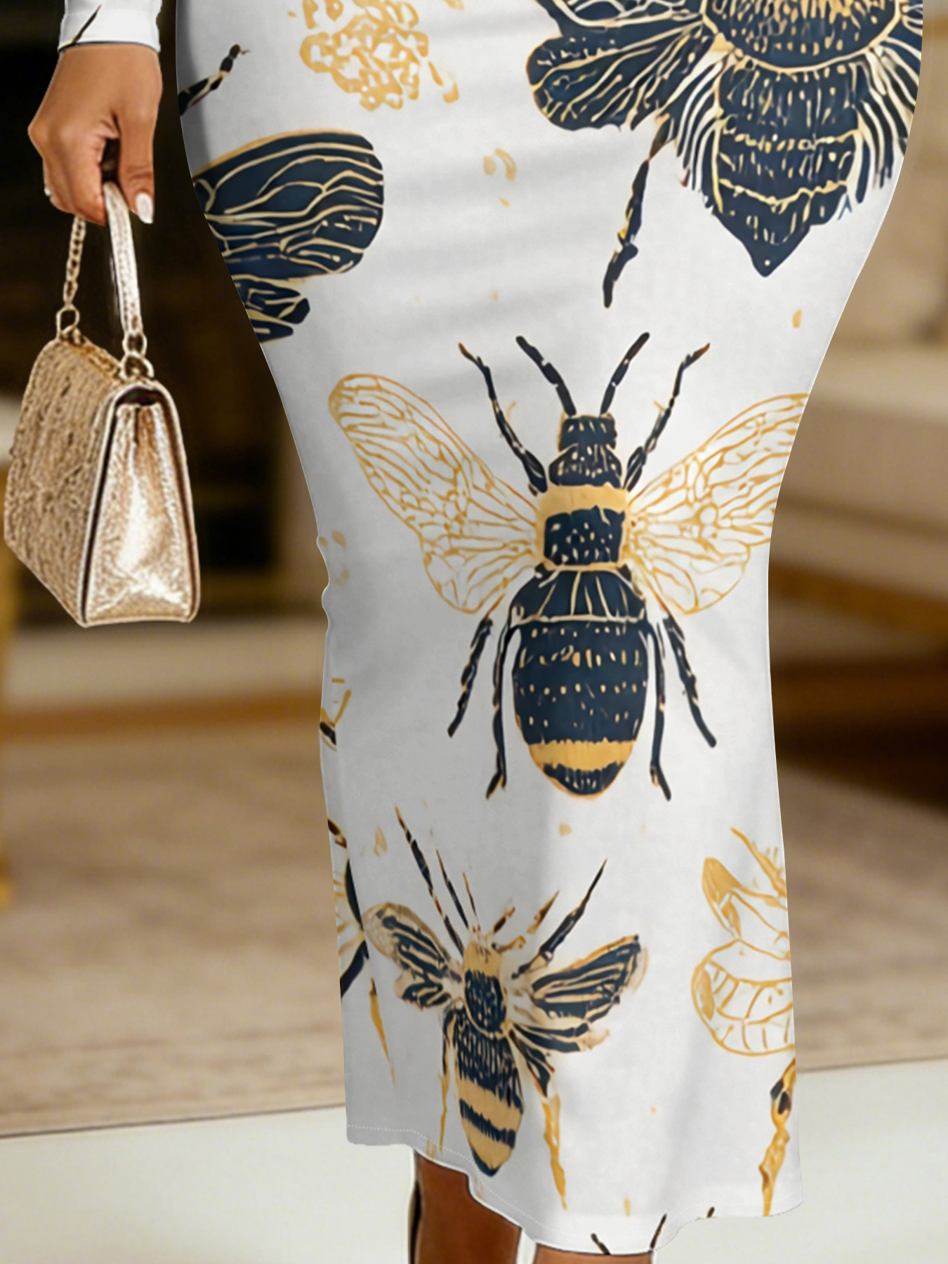Luxury Bee Round Sleeve Neck Long Bodycon Dress