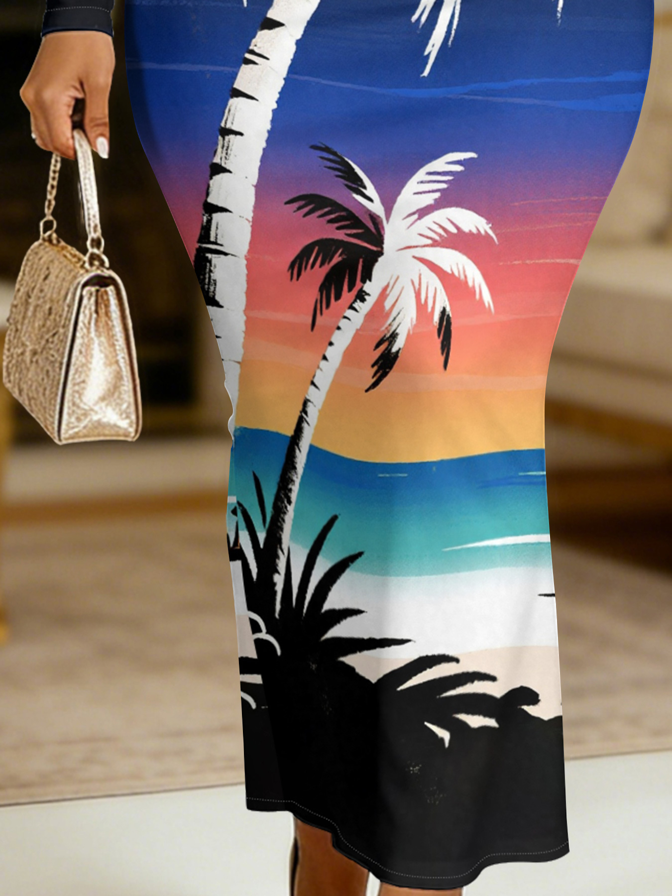 Tropical Sunset Palm Tree Round Sleeve Neck Long Bodycon Dress