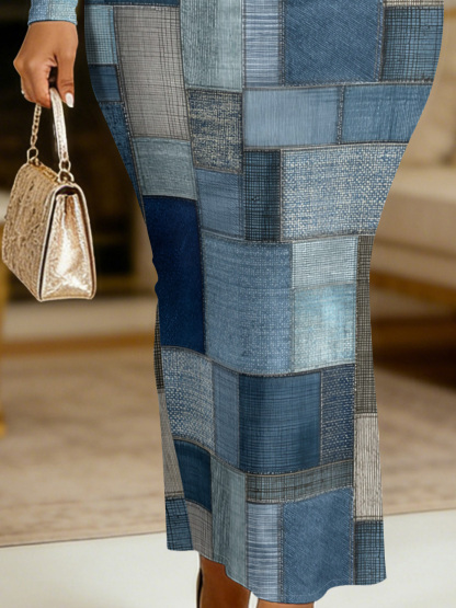 Patchwork Denim Round Sleeve Neck Long Bodycon Dress UGFJ6245