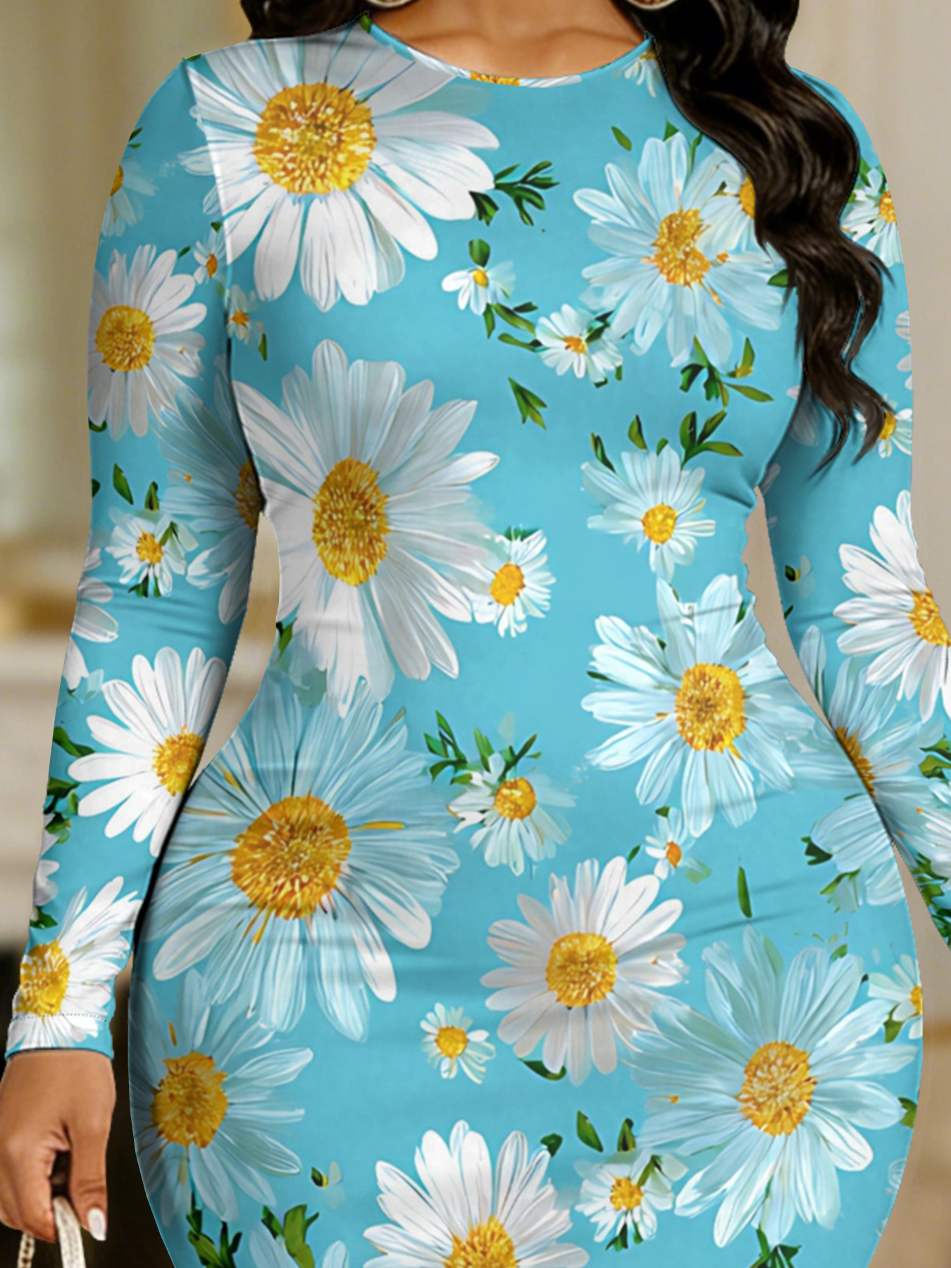 Turquoise Daisy Round Sleeve Neck Long Bodycon Dress UGFJ2873