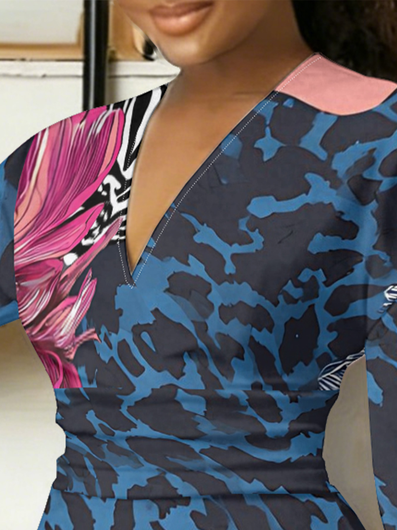 Blue Leopard Pink Floral V-Neck Bodycon Midi Dress 