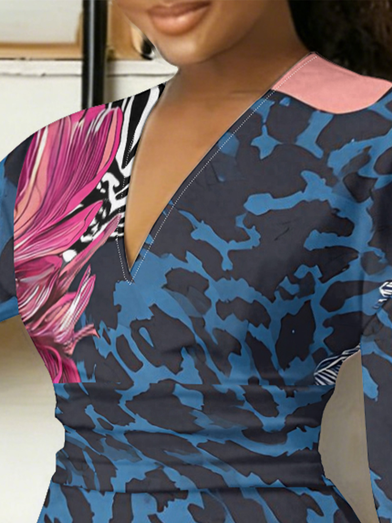 Blue Leopard Pink Floral V-Neck Bodycon Midi Dress 