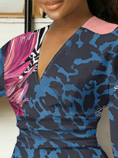 Blue Leopard Pink Floral V-Neck Bodycon Midi Dress 